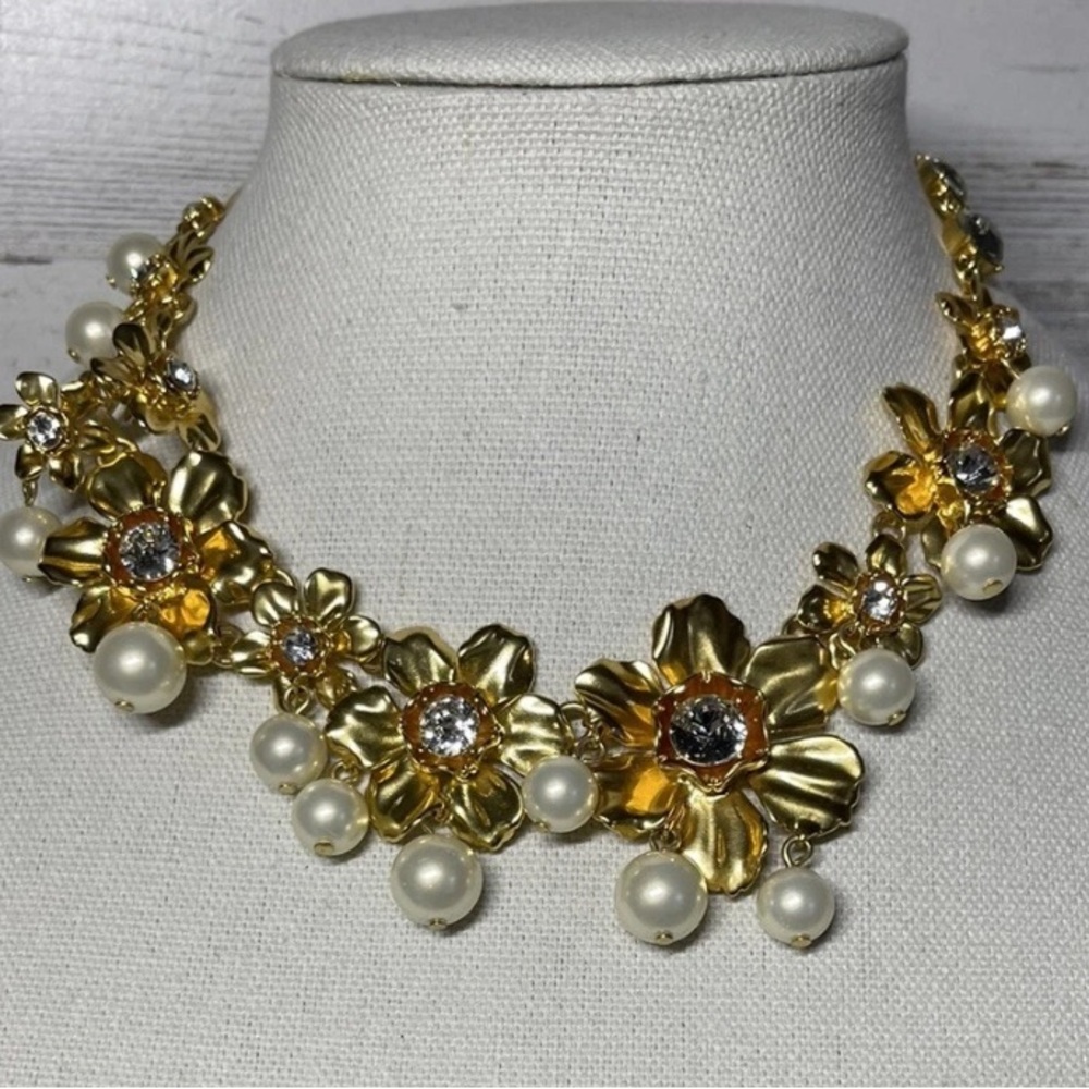 J Crew Gold and White Floral Statement Necklace with Pearl Accents